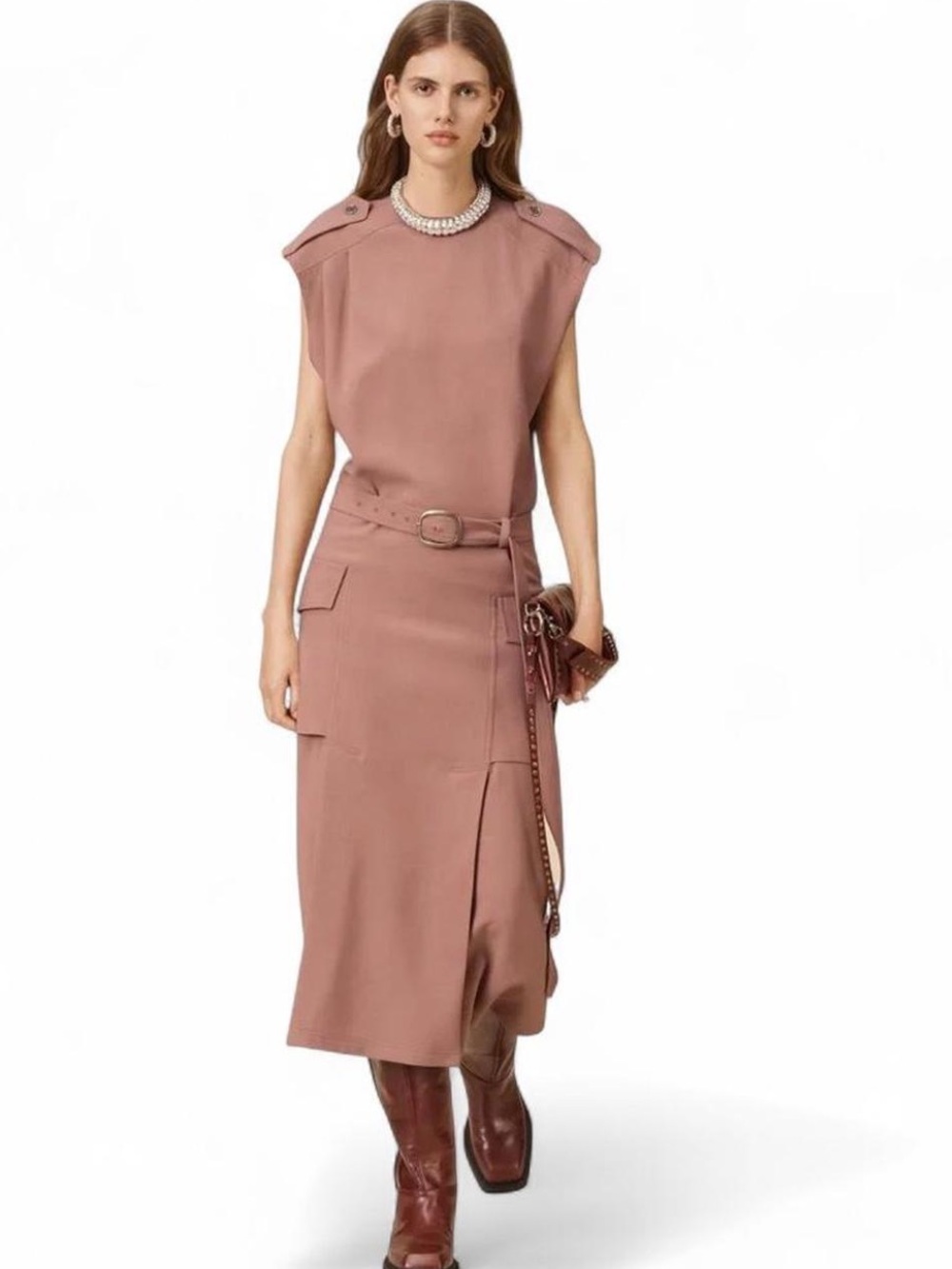 NWT ZARA 50% Wool XS/S. Dusty Rose Utility-Inspired Midi Dress